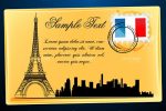 Post Card Design with Eiffel Tower, French Flag Stamp and Sample Text